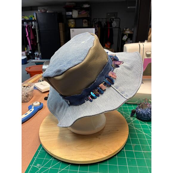 The Witch Queen — Upcycled Denim & Leather Hat, Raw Crystal Band, Size Small 22\